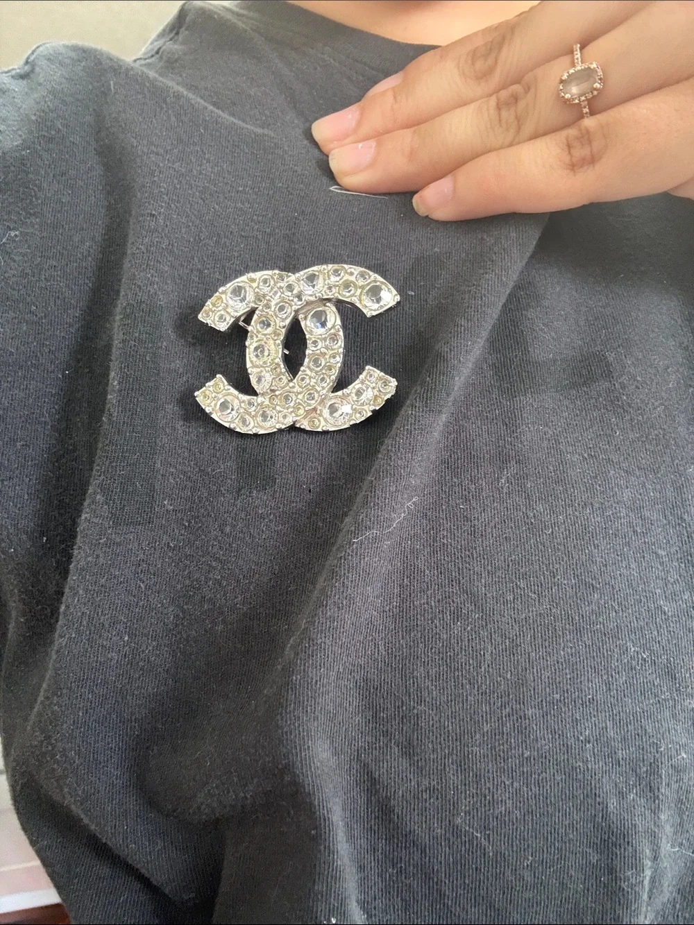 CHANEL CC Silver Logo Brooch Pin Vintage with Crystals 2005